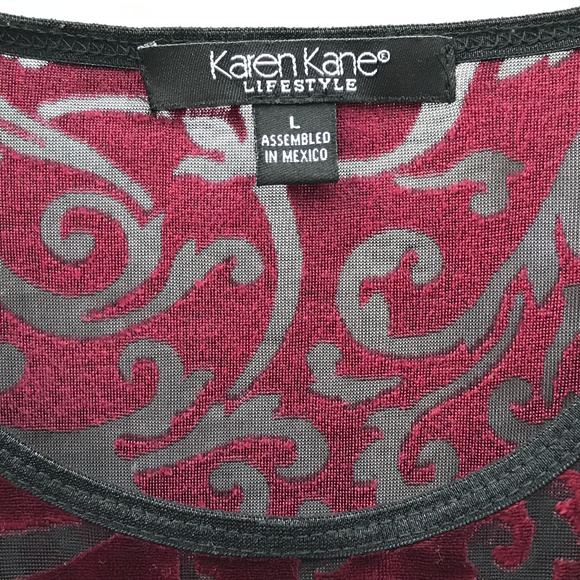 KAREN KANE Red & Black Velvet Burnout Shirt EUC - Picture 3 of 5